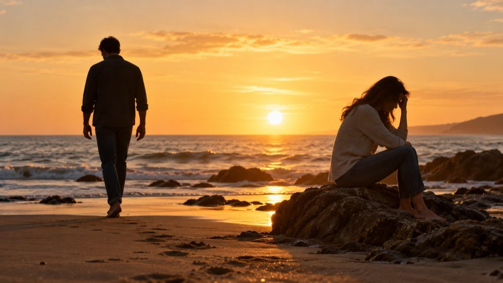Dos personas separadas en una playa al atardecer.
