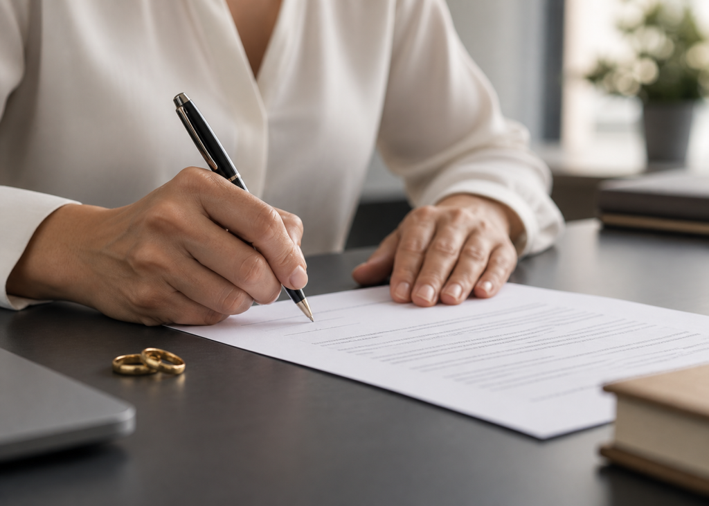 Firma de documentos de divorcio sobre un escritorio.