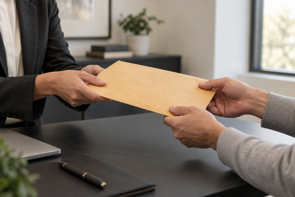 Entrega de un sobre con documentos.