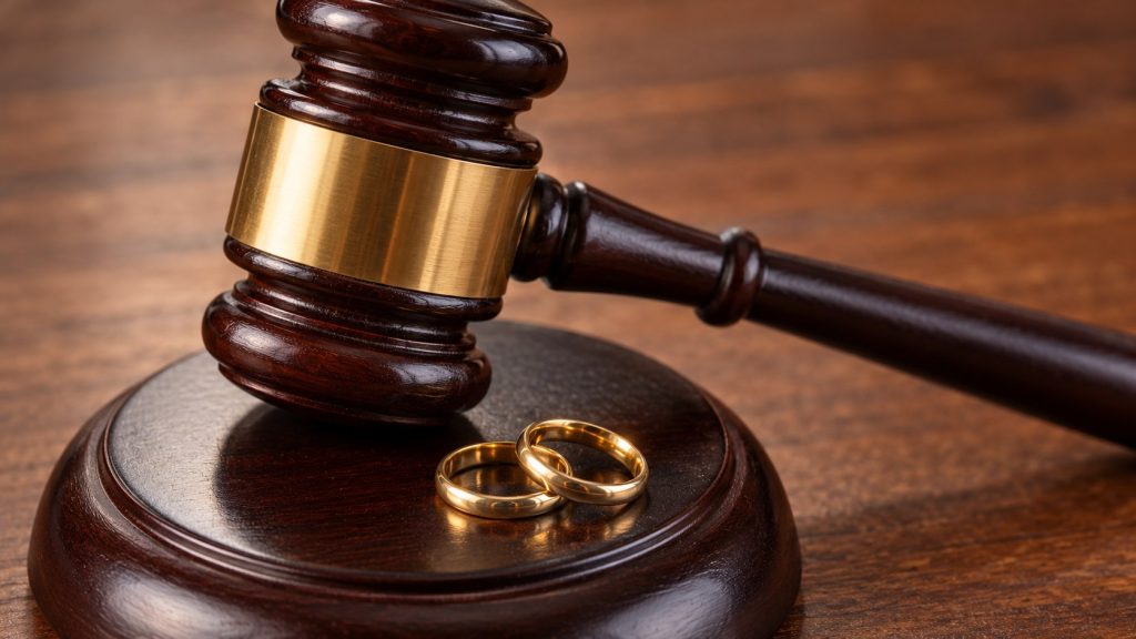 Mazo de madera y dos anillos de matrimonio sobre una base de madera.