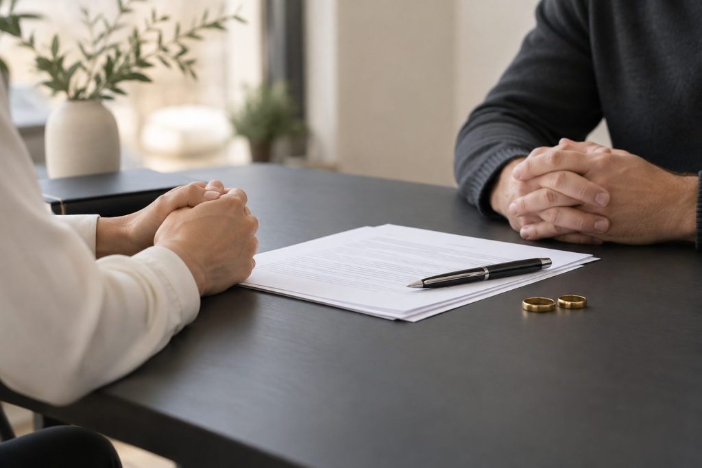 Dos personas revisan documentos durante una conversación.